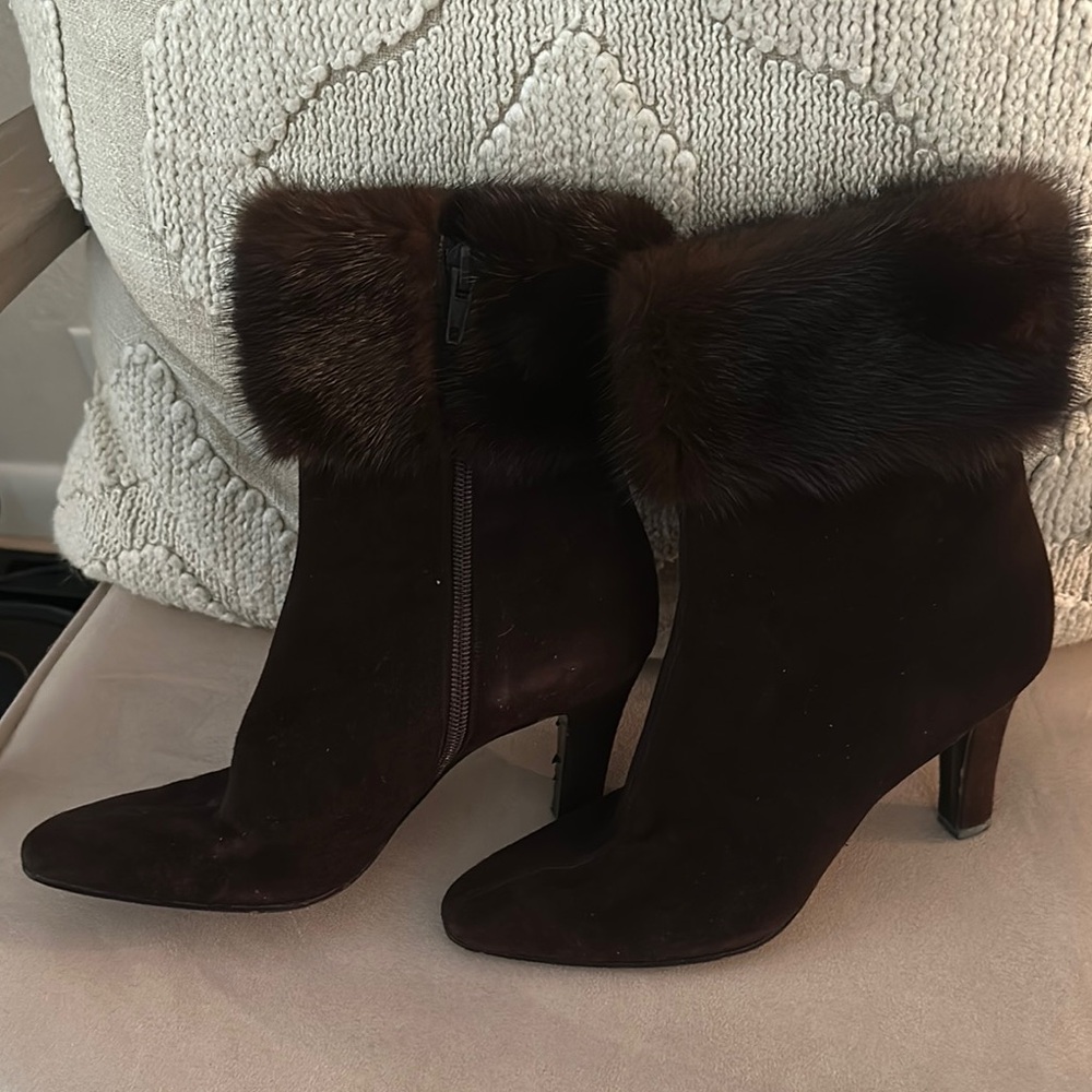 Women’s Fur-Trim Suede Ankle Boots - Dark Brown